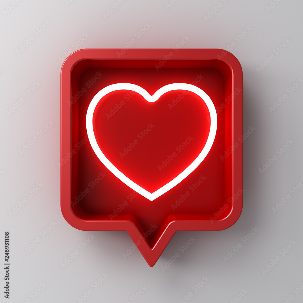 3d social media notification neon like heart icon in red rounded square ...