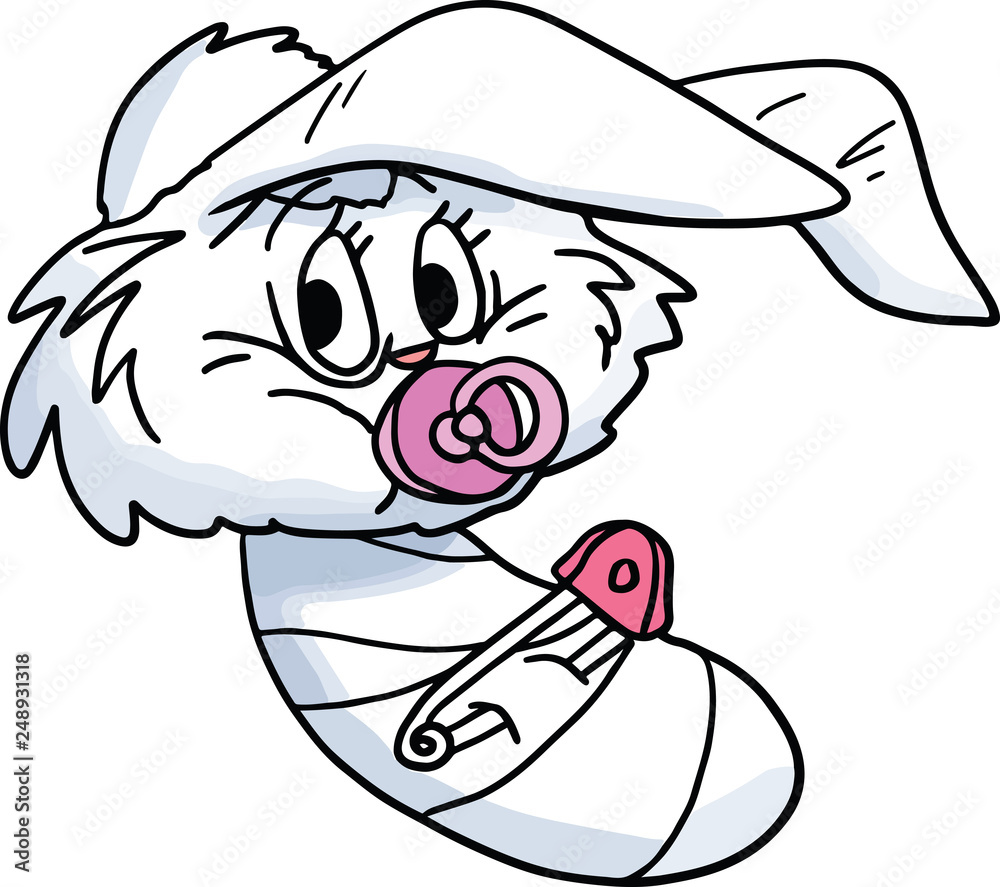 Cartoon baby bunny swaddled in a piece of cloth holding a pacifier in her mouth Cartoon baby bunny swaddled in a piece of cloth holding a pacifier in her mouth