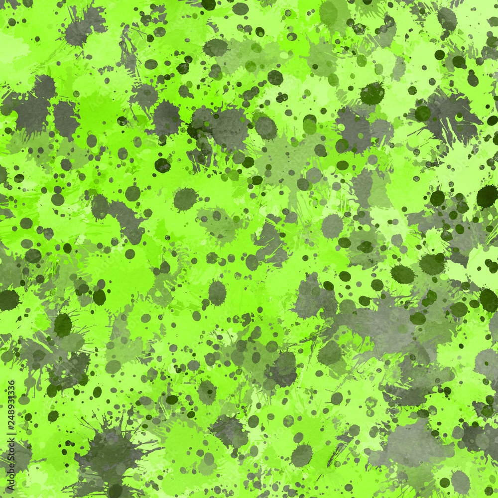 Green paint splatter effect texture on gray paper background. Artistic backdrop. Different paint drops. Green paint splatter effect texture on gray paper background. Artistic backdrop. Different paint drops.