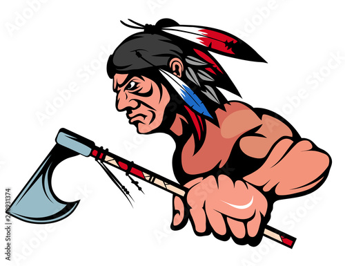 American Indian Chief Mascot Graphic, indian warrior with a traditional weapon, indian chief suitable as logo or team mascot, american native chief with an ax in his hand