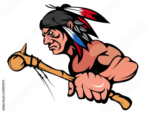 American Indian Chief Mascot Graphic, indian warrior with a traditional weapon, indian chief suitable as logo or team mascot, american native chief with battle mace in hand