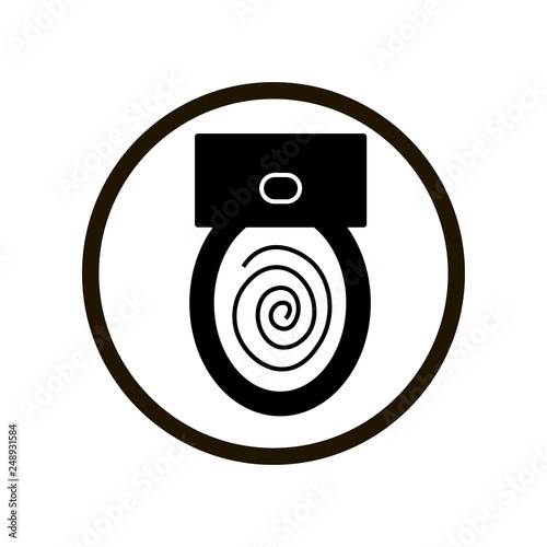 Simple toilet bowl flush sign in a black circle isolated on white background. Close up top view