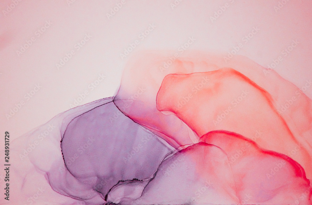 Alcohol ink wash texture on white paper background. Liquid paint flow. Transparent ethereal effect. Closeup of the painting. Highly-textured colorful abstract painting background. Alcohol ink wash texture on white paper background. Liquid paint flow. Transparent ethereal effect. Closeup of the painting. Highly-textured colorful abstract painting background.
