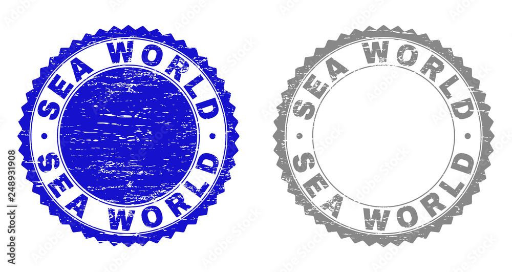 Grunge SEA WORLD stamp seals isolated on a white background. Rosette seals with grunge texture in blue and gray colors. Vector rubber stamp imprint of SEA WORLD label inside round rosette.
