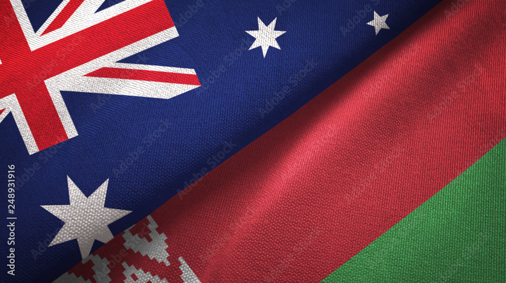 Fototapeta premium Australia and Belarus two flags textile cloth, fabric texture