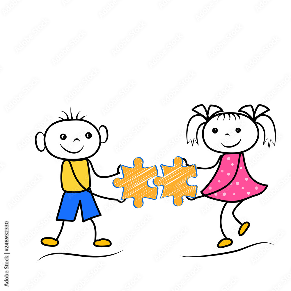 Stickman boy and girl holding puzzle icons. Teamwork or problem solving cartoon figures. Vector illustration Stickman boy and girl holding puzzle icons. Teamwork or problem solving cartoon figures. Vector illustration