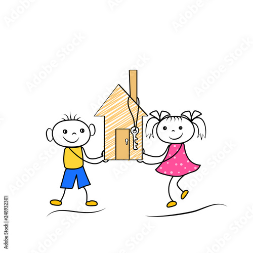 Cartoon stickman figures of boy and girl buying or moving to new house. Vector illustration