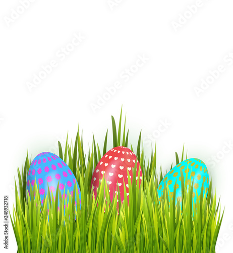 Happy Easter colorful painted eggs isolated on white background with grass. Greeting card decoration elements. Vactor illustration