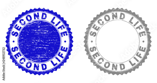 Grunge SECOND LIFE stamp seals isolated on a white background. Rosette seals with grunge texture in blue and gray colors. Vector rubber stamp imitation of SECOND LIFE text inside round rosette.