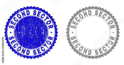 Grunge SECOND SECTOR stamp seals isolated on a white background. Rosette seals with distress texture in blue and gray colors. Vector rubber stamp imprint of SECOND SECTOR text inside round rosette.