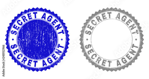 Grunge SECRET AGENT stamp seals isolated on a white background. Rosette seals with distress texture in blue and gray colors. Vector rubber stamp imprint of SECRET AGENT tag inside round rosette.