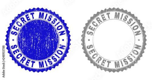 Grunge SECRET MISSION stamp seals isolated on a white background. Rosette seals with grunge texture in blue and grey colors. Vector rubber overlay of SECRET MISSION text inside round rosette.