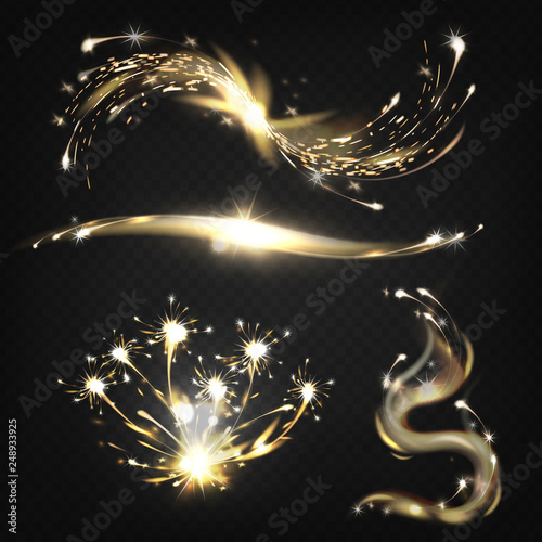 Burning sparklers, metal welding sparks, fireworks and pyrotechnic light effects 3d realistic vector illustration set isolated on transparent background. Holiday party celebration decoration elements