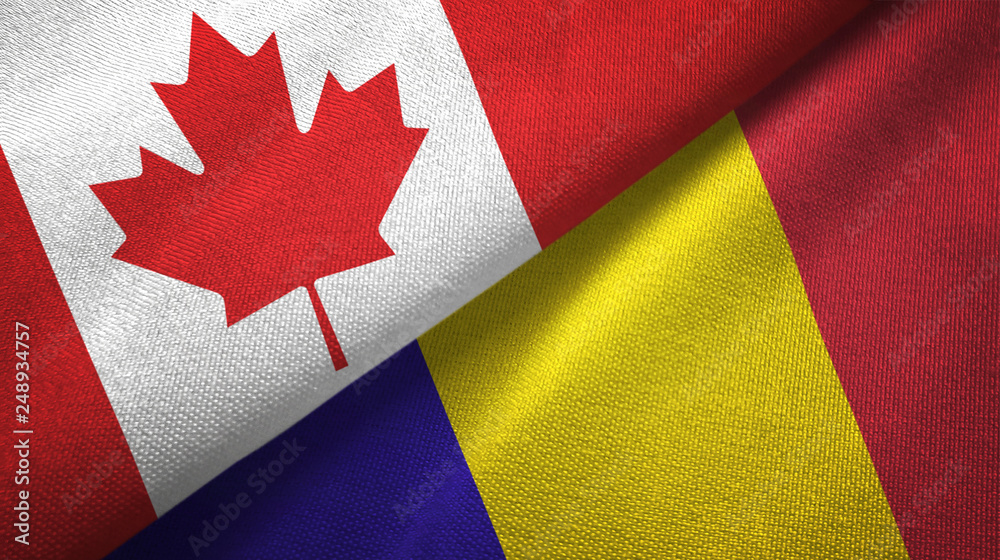 Fototapeta premium Canada and Romania two flags textile cloth, fabric texture