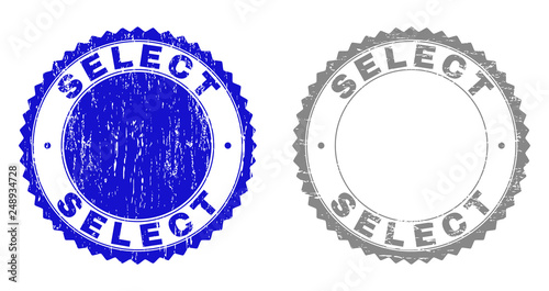 Grunge SELECT stamp seals isolated on a white background. Rosette seals with grunge texture in blue and grey colors. Vector rubber stamp imitation of SELECT caption inside round rosette.