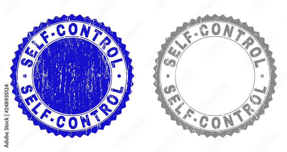 Grunge SELF-CONTROL stamp seals isolated on a white background. Rosette seals with distress texture in blue and gray colors. Vector rubber stamp imprint of SELF-CONTROL title inside round rosette. Grunge SELF-CONTROL stamp seals isolated on a white background. Rosette seals with distress texture in blue and gray colors. Vector rubber stamp imprint of SELF-CONTROL title inside round rosette.