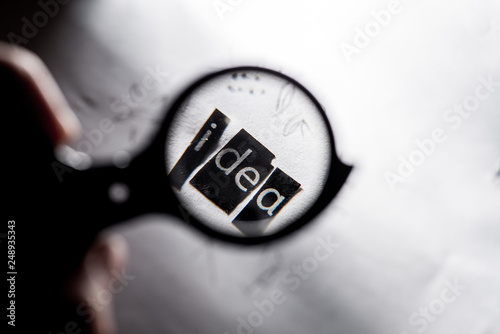 search for ideas. Word idea composed of paper letters through a magnifying glass