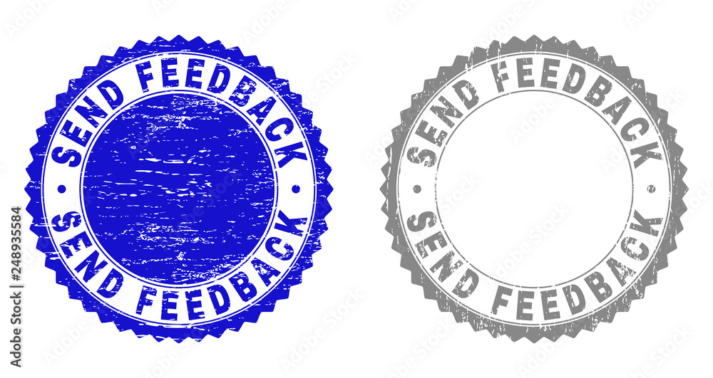 Obraz premium Grunge SEND FEEDBACK stamp seals isolated on a white background. Rosette seals with grunge texture in blue and grey colors. Vector rubber stamp imprint of SEND FEEDBACK label inside round rosette.