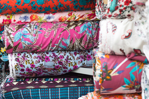 Fabrics stacked in a textile store. Various multicolored prints. Saara, Rio de Janeiro, Brazil. 2019