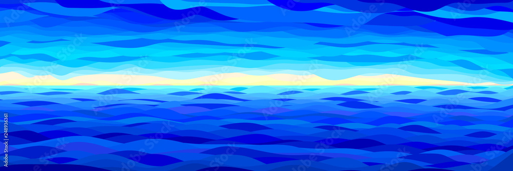Summer Seascape. Ocean Waves under Blue Cloudy Sky. Poster in a Flat Style. Raster Illustration
