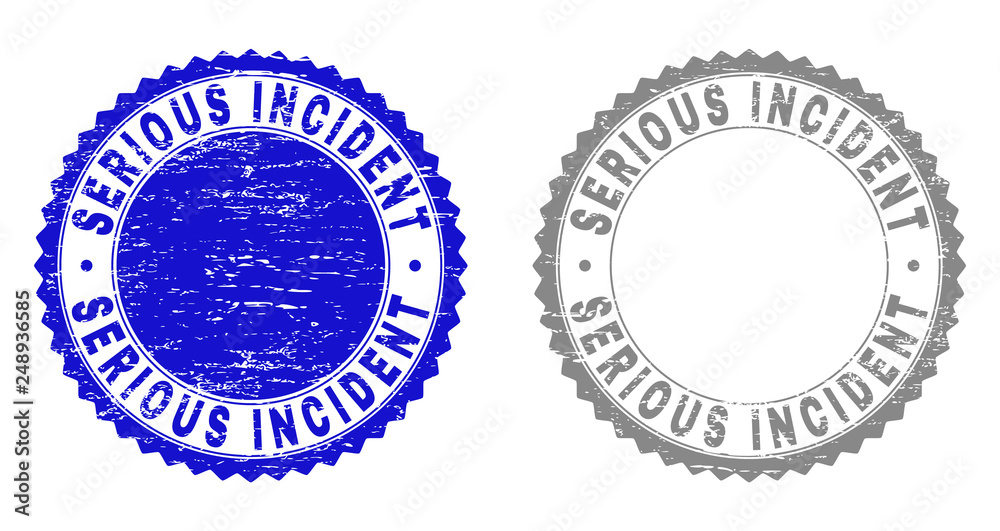 Grunge SERIOUS INCIDENT stamp seals isolated on a white background. Rosette seals with distress texture in blue and grey colors. Grunge SERIOUS INCIDENT stamp seals isolated on a white background. Rosette seals with distress texture in blue and grey colors.