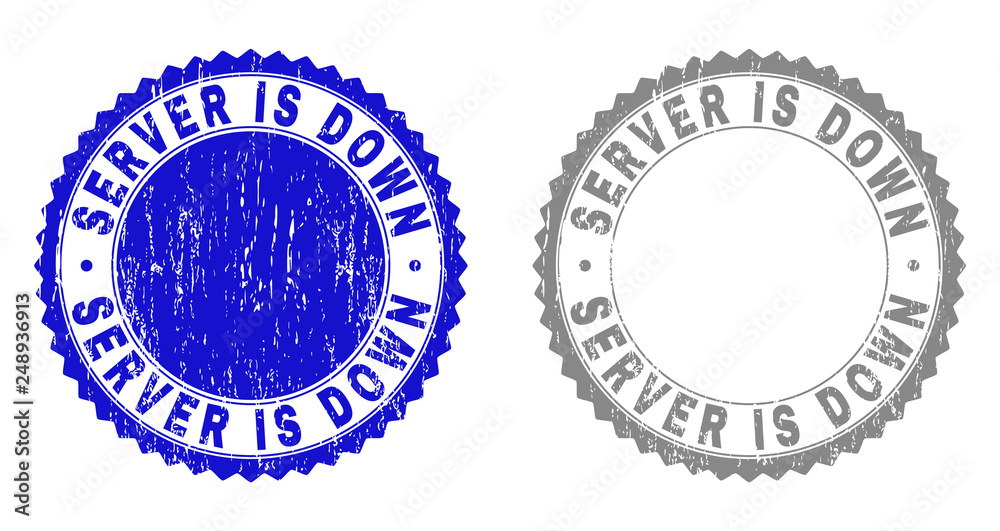 Grunge SERVER IS DOWN stamp seals isolated on a white background. Rosette seals with grunge texture in blue and grey colors. Vector rubber stamp imitation of SERVER IS DOWN tag inside round rosette.