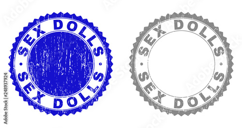 Grunge SEX DOLLS stamp seals isolated on a white background. Rosette seals with grunge texture in blue and grey colors. Vector rubber stamp imprint of SEX DOLLS text inside round rosette.