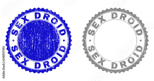 Grunge SEX DROID stamp seals isolated on a white background. Rosette seals with grunge texture in blue and gray colors. Vector rubber stamp imprint of SEX DROID title inside round rosette.