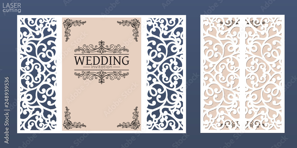 Laser cut wedding invitation card template vector. Die cut paper card