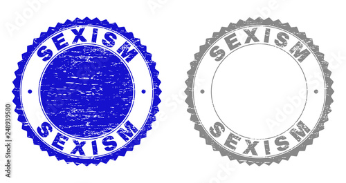 Grunge SEXISM stamp seals isolated on a white background. Rosette seals with grunge texture in blue and grey colors. Vector rubber stamp imprint of SEXISM label inside round rosette.