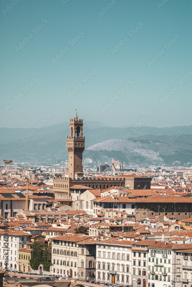 Piazza della Signoria Palazzo Vecchio Arnulfo Tower Terra Cotta Rooftops, Florence, Italy from Michelangelo Square, Piazzale Michelangelo, Countryside in Background Piazza della Signoria Palazzo Vecchio Arnulfo Tower Terra Cotta Rooftops, Florence, Italy from Michelangelo Square, Piazzale Michelangelo, Countryside in Background