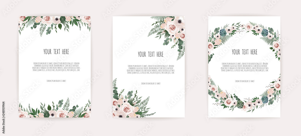 Set of card with leaves and geometrical frame. Floral poster, invite.