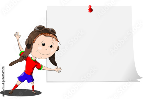 Funny cartoon boy in helmet shows on the poster, vector illustration