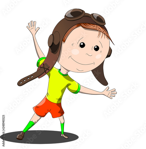 Funny cartoon boy in helmet on white background, vector illustration