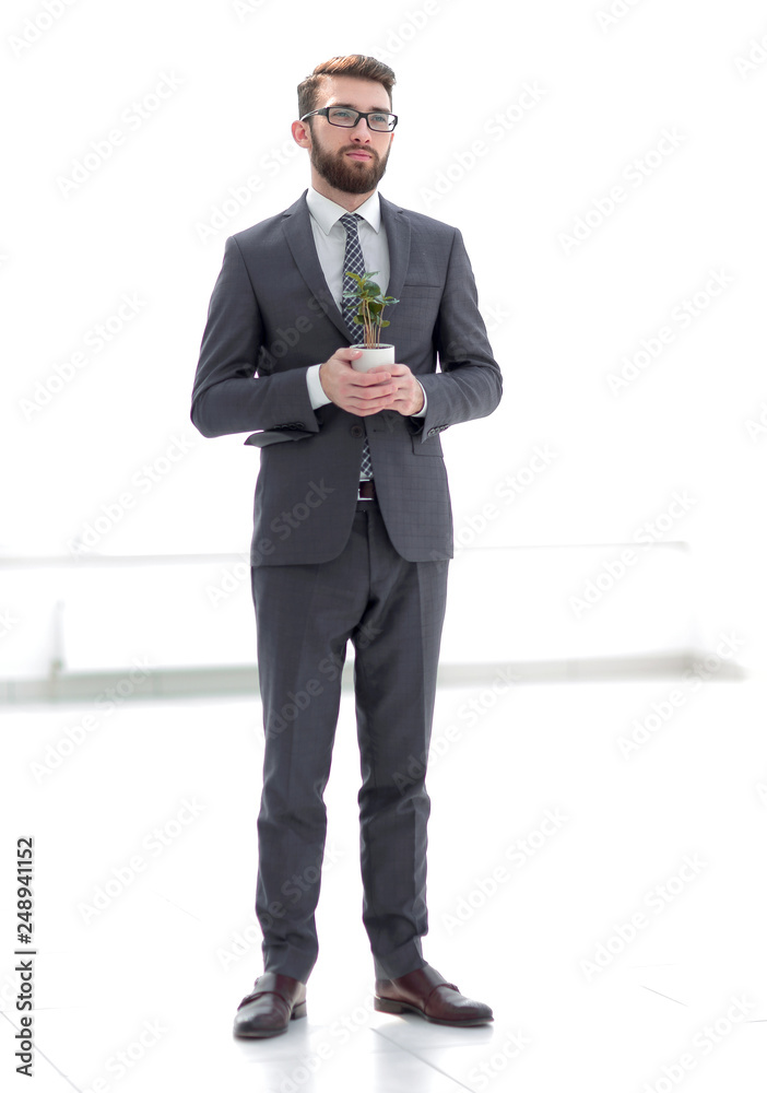 businessman is holding a green young plant businessman is holding a green young plant