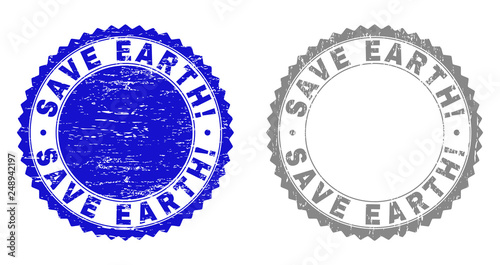 Grunge SAVE EARTH! stamp seals isolated on a white background. Rosette seals with grunge texture in blue and grey colors. Vector rubber stamp imitation of SAVE EARTH! title inside round rosette.