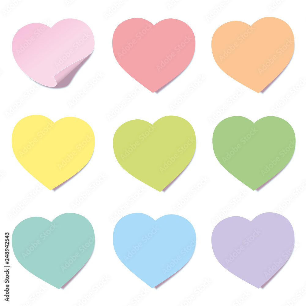 Heart post collection. Sticky notes, heart shaped, different colors. Isolated vector illustration on white background.