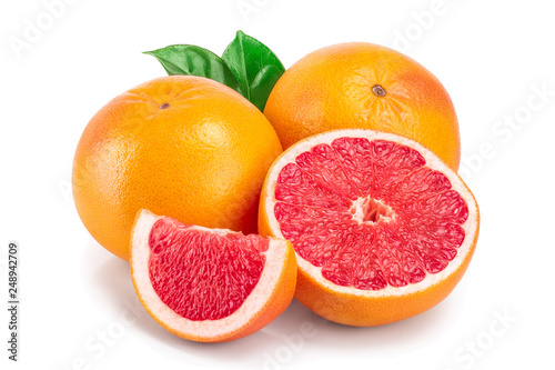 grapefruit and half with leaves isolated on white background