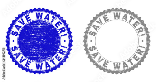 Grunge SAVE WATER! stamp seals isolated on a white background. Rosette seals with grunge texture in blue and gray colors. Vector rubber stamp imprint of SAVE WATER! tag inside round rosette.