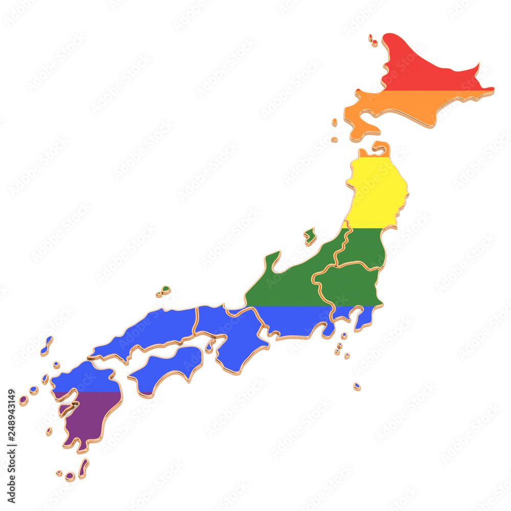 Japanese map with LGBT flag, 3D rendering Japanese map with LGBT flag, 3D rendering