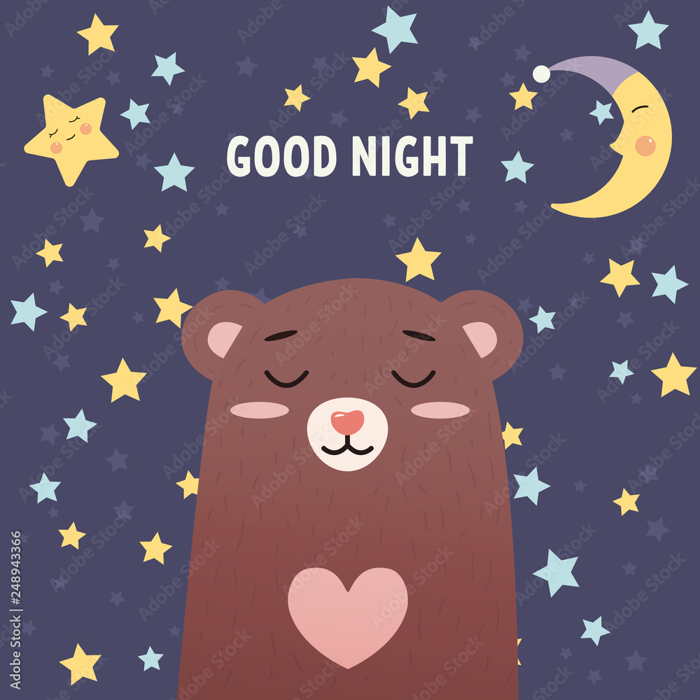 Illustration with happy bear, moon, stars and lettering. Colorful cute background vector. Good night, poster design. Good night and sweet dreams