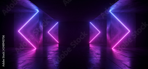 Sci Fi Arrows Shaped Neon Cyber Futuristic Modern Retro Alien Dance Club Glowing Purple Pink Blue Lights In Dark Empty Grunge Concrete Reflective Room Corridor Background 3D Rendering photo