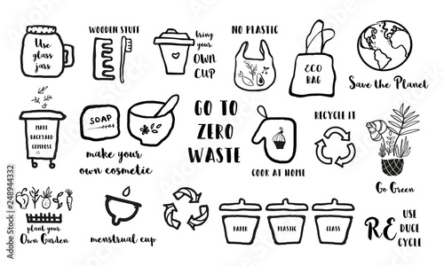 Hand drawn doodle elements of zero waste lifestyle. Eco style illustration set