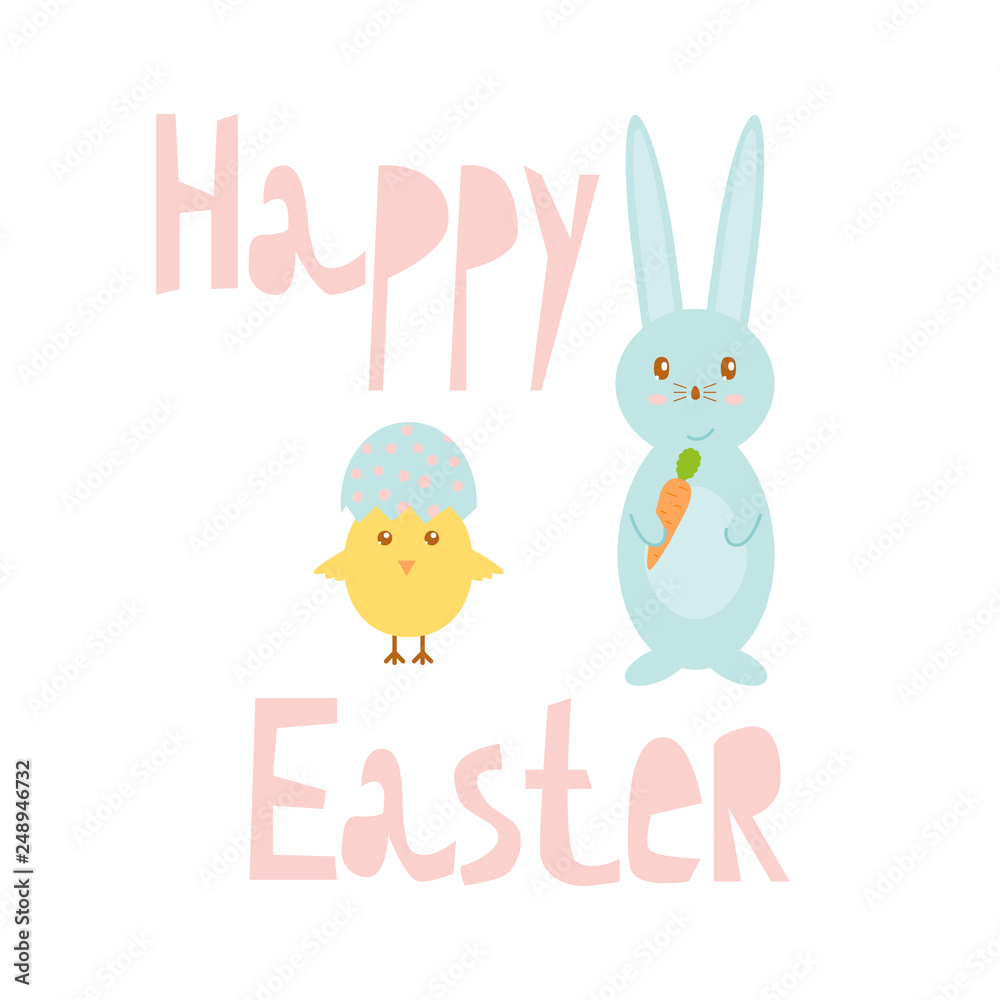 Happy Easter greeting card template with bunny and chick, design vector illustration in flat style. Happy Easter greeting card template with bunny and chick, design vector illustration in flat style.
