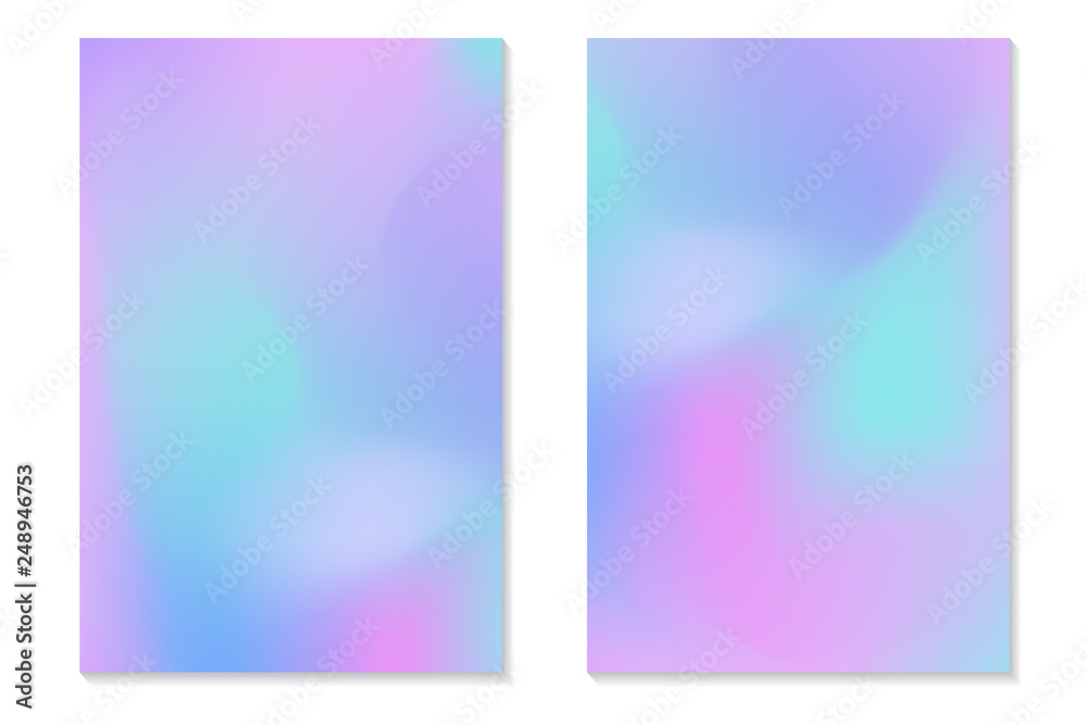Fototapeta premium Gradient Hologram Backgrounds. Set of colorful holographic posters in retro style. Vibrant neon pastel texture. Vector gradient template for flyer, banner, mobile screen.