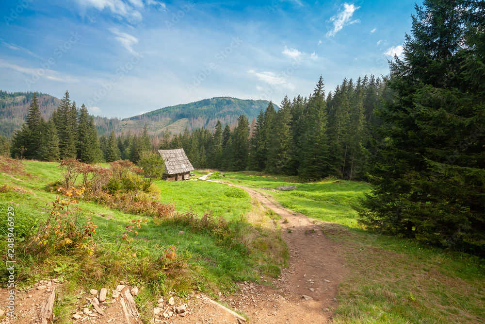 Wooden thatch over mountains walkway scenery