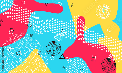 Pop art color background. Memphis pattern of geometric shapes for tissue and postcards. Vector Illustration. Hipster style 80s-90s. Abstract colorful funky background.