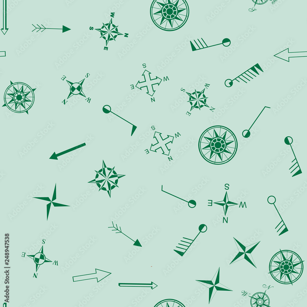 Compas and arrows icons for topographic maps. Streamless pattern