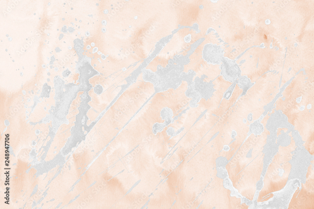 Obraz premium Luxury copper gold and white metal paint splatter effect on watercolor paper background. Creamy gold glitter splash texture. Beautiful feminine backdrop.