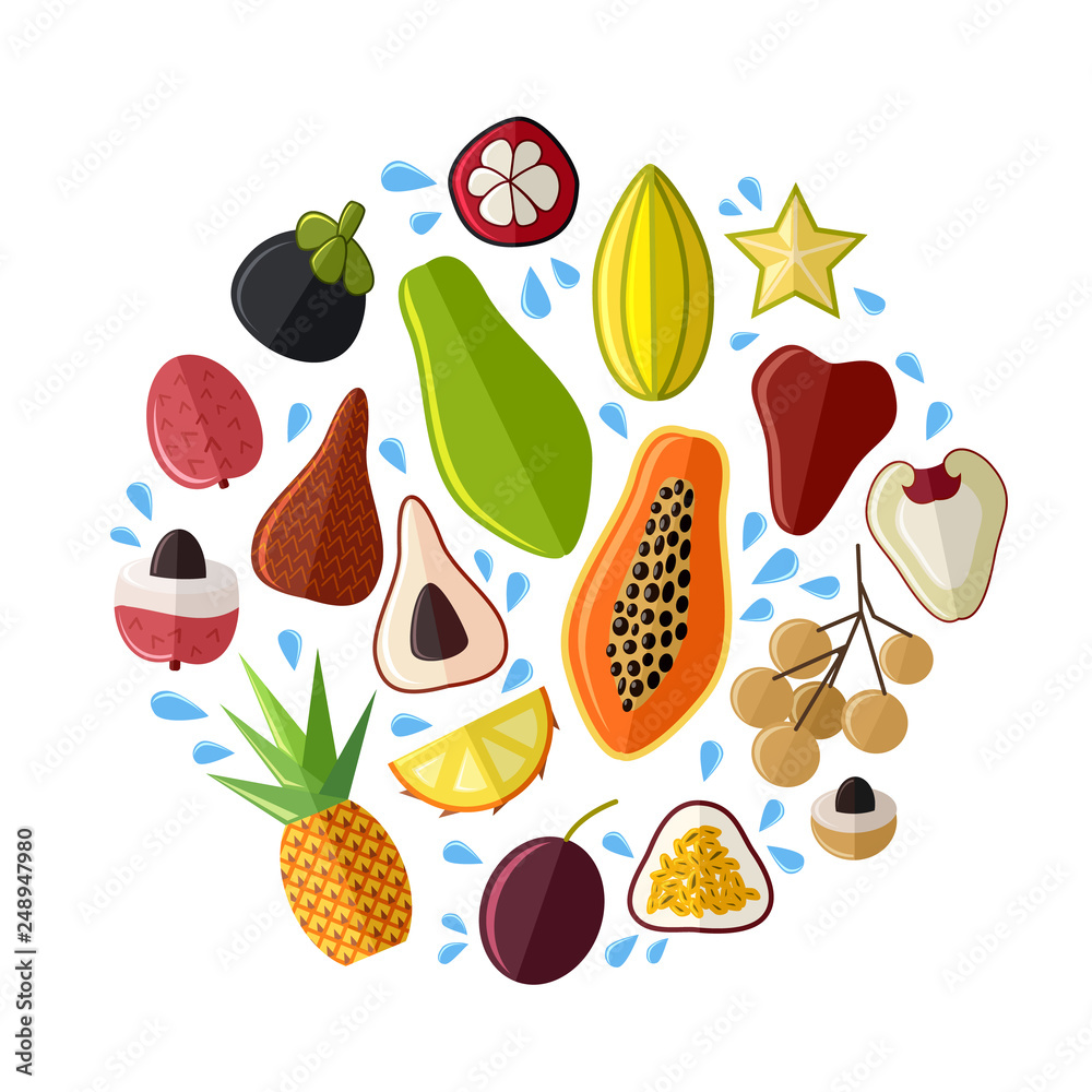 set of fresh exotic asian fruits in flat style